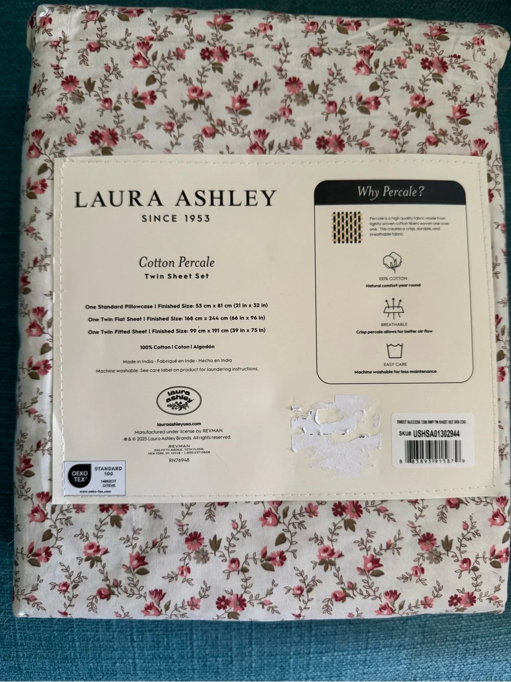 Laura Ashley Red and Pink Floral Cotton Percale Twin Sheet Set NWOT
